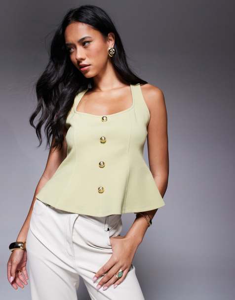 ASOS DESIGN ponte cinch waist square neck button down top in sage - view 1