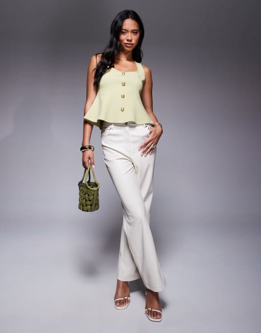 ASOS DESIGN ponte cinch waist square neck button down top in sage