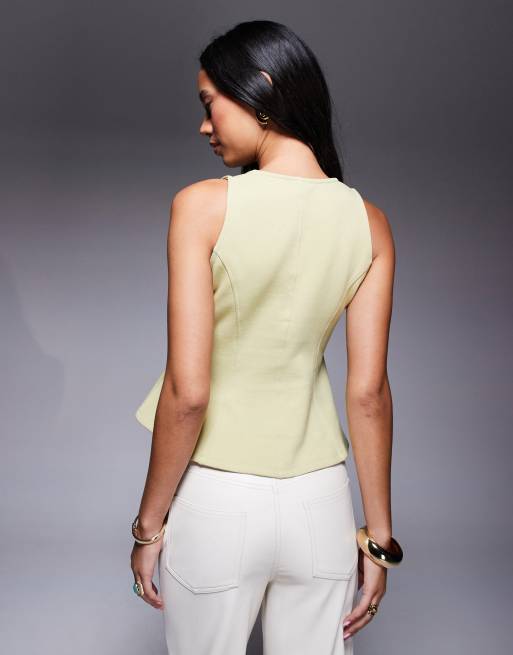 ASOS DESIGN ponte cinch waist square neck button down top in sage