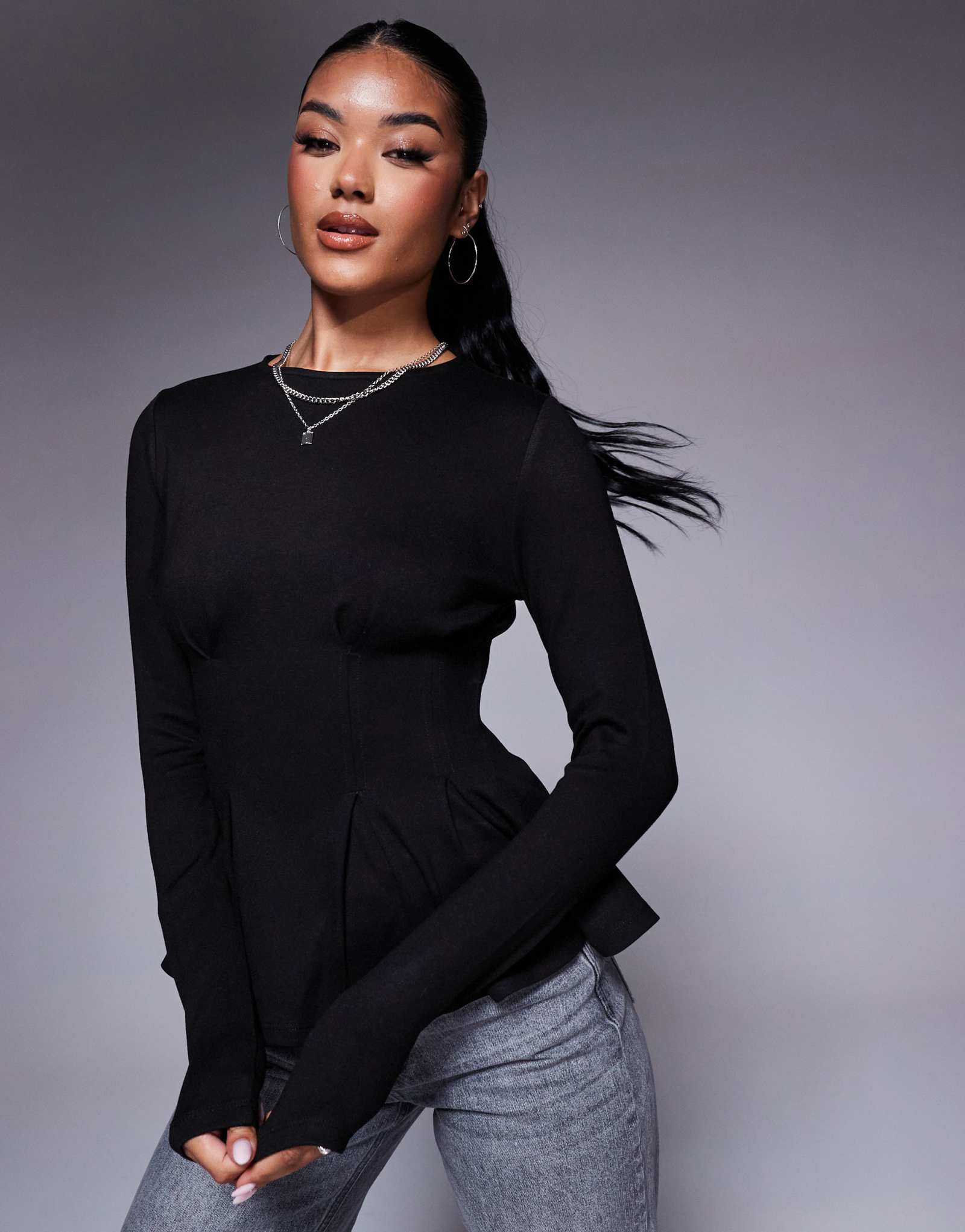 Черный топ с длинными рукавами и завышенной талией ASOS DESIGN, выполненный в стиле ponte dart