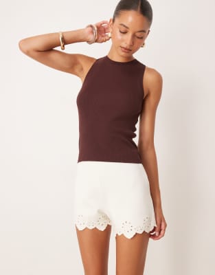 Asos Design Ponte Embroidered Hem Mini Shorts In White