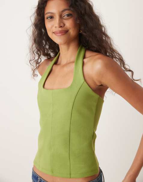 ASOS DESIGN ponte halter neck corset top in green - view 1