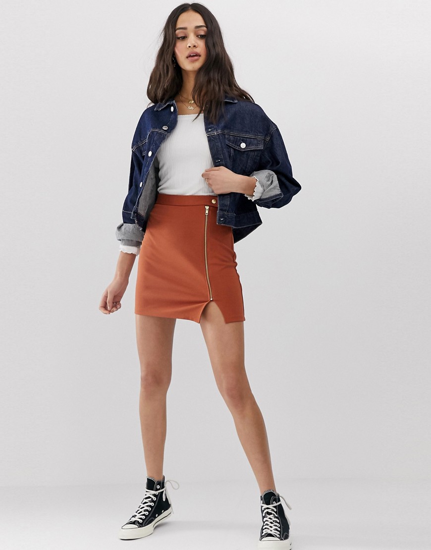 ASOS DESIGN ponte mini skirt with side zip and popper waistband-Brown
