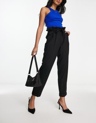 ASOS DESIGN ponte peg trouser with paperbag tie waist in black