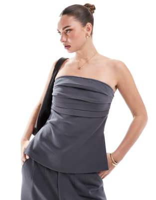 Asos Design Ponte Pleated Bandeau Top In Gray