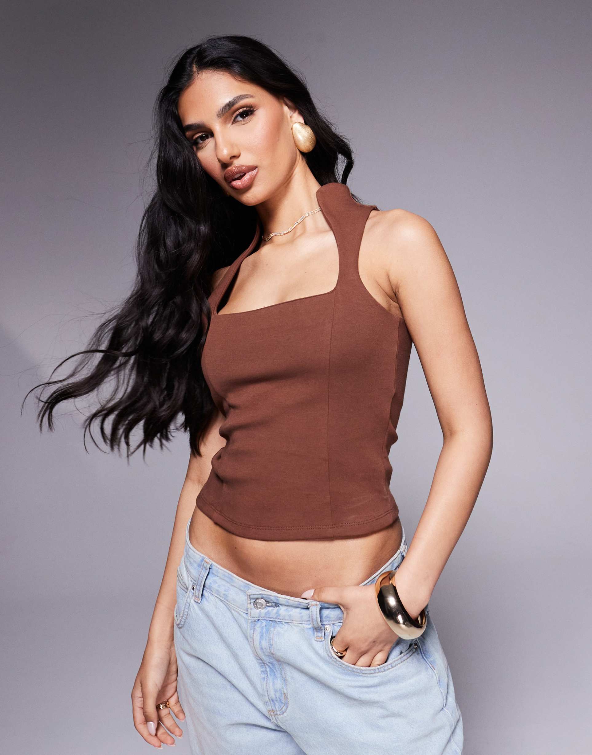asos design ponte racer top with curved neckline in chocolate
