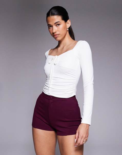 ASOS DESIGN ponte seamed hot pant shorts in burgundy - view 1