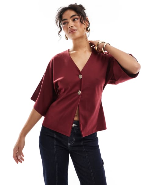 ASOS DESIGN ponte short sleeve cardigan with gold button in burgundy - view 1