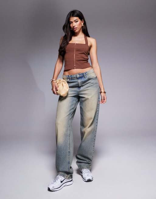 ASOS DESIGN ponte structured halter top with hook and eye front closures in chocolate