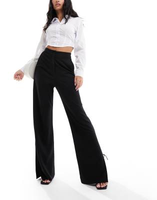 Asos Design Ponte Wide Leg Pants With Vent Split In Black In Black