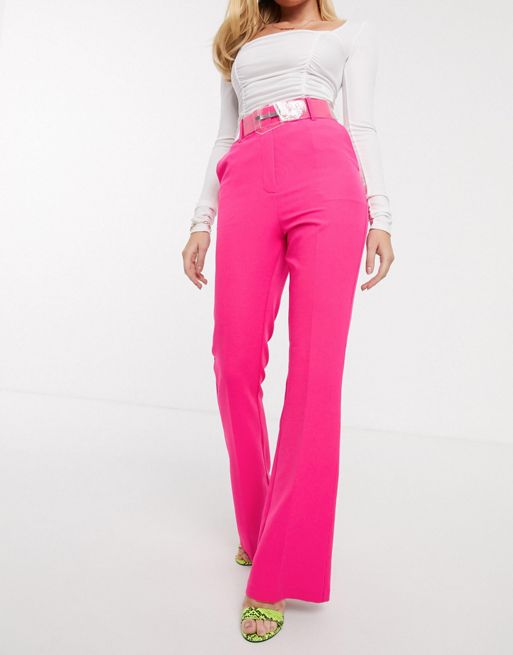 ASOS DESIGN pop pink slim kick flare pants with clear belt | ASOS