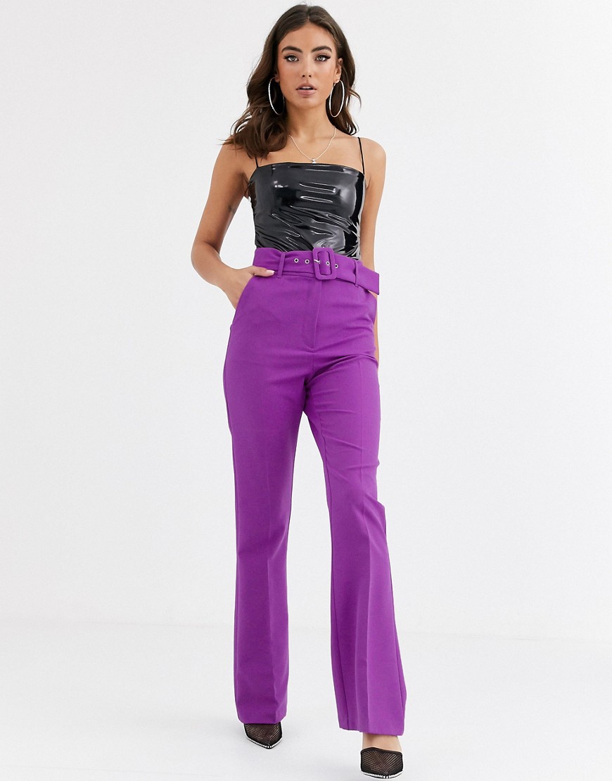 ASOS DESIGN pop purple slim kick flare trousers with covered belt