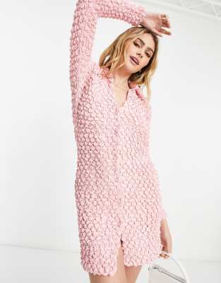 Asos Design Popcorn Texture Mini Shirt Dress In Pink