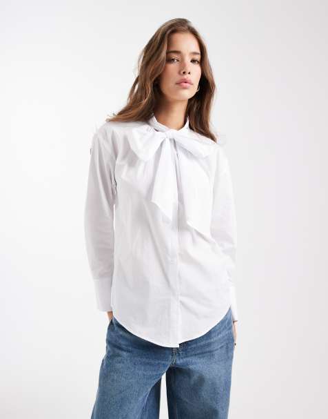 ASOS DESIGN – Popeline-Bluse in Elfenbein mit Schleife vorne - view 1