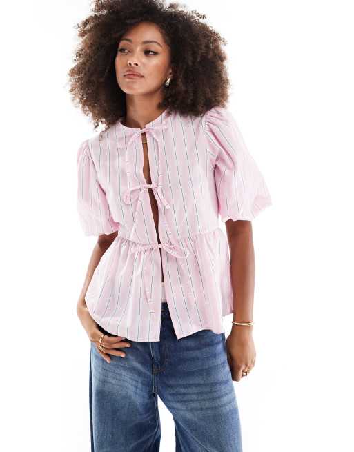ASOS DESIGN – Popeline-Bluse in gestreiftem Rosa mit gebundener Vorderseite und Longline-Schnitt