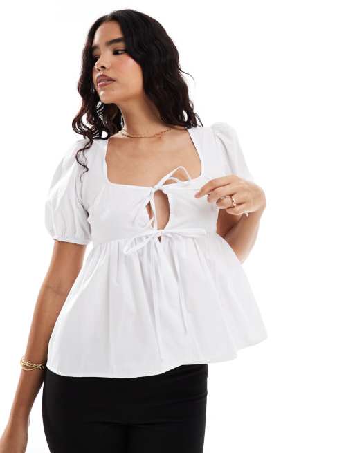 ASOS DESIGN – Popeline-Bluse in Weiß mit eckigem Ausschnitt und Bindedetail vorne
