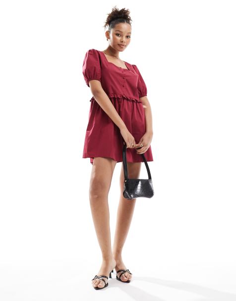 ASOS DESIGN – Popeline-Hängerkleid in Ochsenblutrot mit gerüschtem Taillenband - view 1