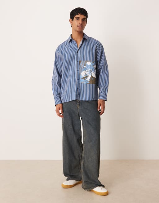 ASOS DESIGN – Popeline-Hemd in Blau gestreift mit Oversize-Schnitt und Print-Detail, 2 von 5