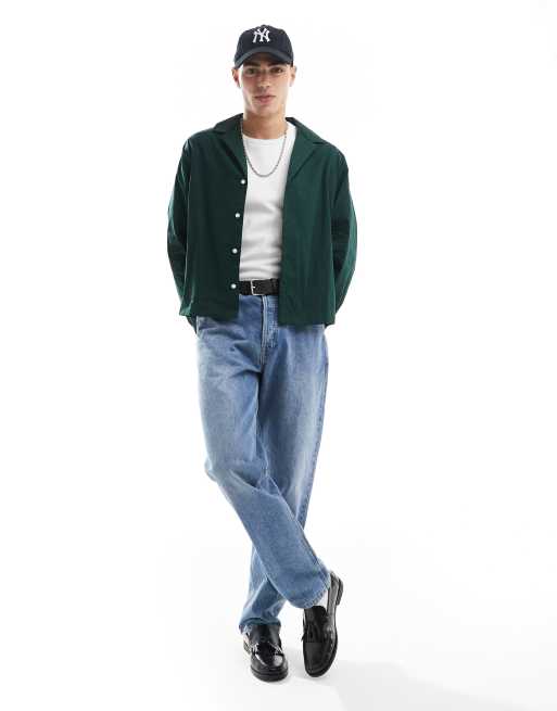 ASOS DESIGN – Popeline-Hemd in Dunkelgrün mit tiefem Reverskragen und kastigem Oversize-Schnitt, 3 von 4