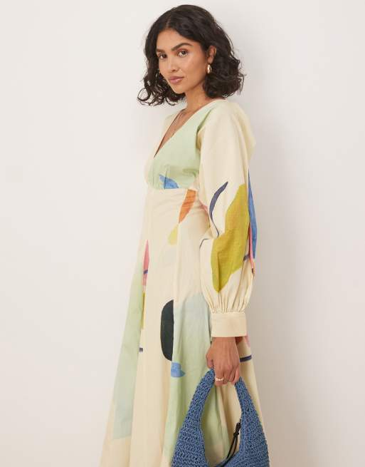 ASOS DESIGN - Popeline maxi jurk met lange mouwen en V-hals in print, 2 van 4