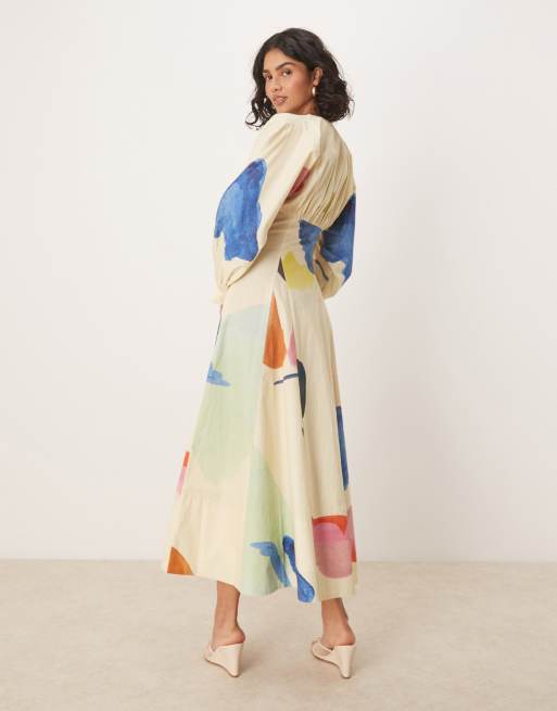 ASOS DESIGN - Popeline maxi jurk met lange mouwen en V-hals in print, 3 van 4
