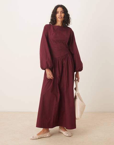ASOS DESIGN – Popeline-Maxikleid in Burgunderrot mit voluminösen Ärmeln - view 1
