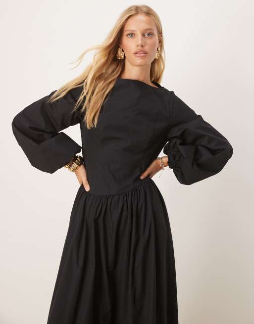 ASOS DESIGN – Popeline-Maxikleid in Schwarz mit voluminösen Ärmeln, 4 von 4