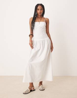 ASOS DESIGN - Popeline-Maxikleid in Weiß mit Camisole-Trägern, Ziernaht und weitem Rock