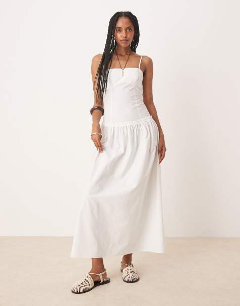 ASOS DESIGN – Popeline-Maxikleid in Weiß mit Camisole-Trägern, Ziernaht und weitem Rock - view 1