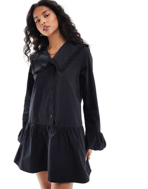 ASOS DESIGN – Popeline-Minikleid in Schwarz mit überdimensionalem Kragen