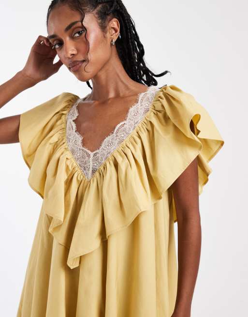 ASOS DESIGN – Popeline-Minikleid in Staubgelb mit V-Ausschnitt, Rüschen und Spitzenbesatz, 4 von 4