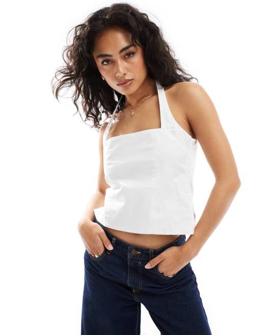 ASOS DESIGN – Popeline-Oberteil in Weiß mit Neckholder-Träger und eckigem Ausschnitt