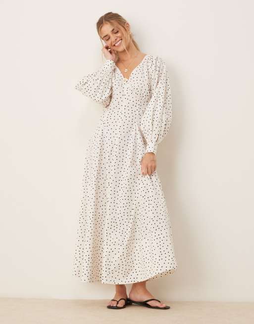 ASOS DESIGN – Popelinowa sukienka maxi w groszki z długimi rękawami i dekoltem w kształcie litery V