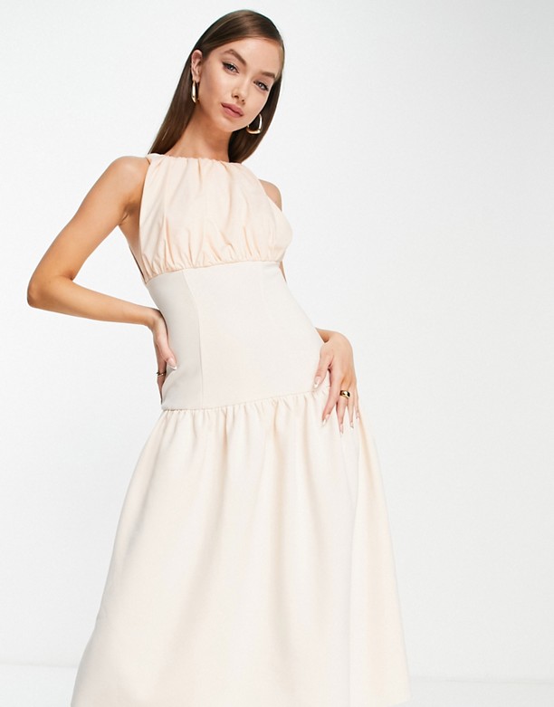  Szybka Dostawa ASOS DESIGN – Popelinowa sukienka midi typu skater z obniżoną talią w kolorze brzoskwiniowym Peach