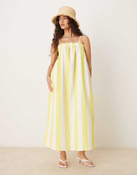 ASOS DESIGN – Popelinowa trapezowa sukienka maxi w żółte paski - view 1