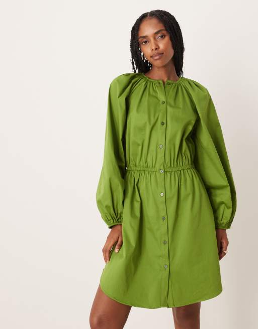 ASOS DESIGN – Popelinowa zapinana na guziki sukienka mini z obszernymi rękawami w kolorze khaki