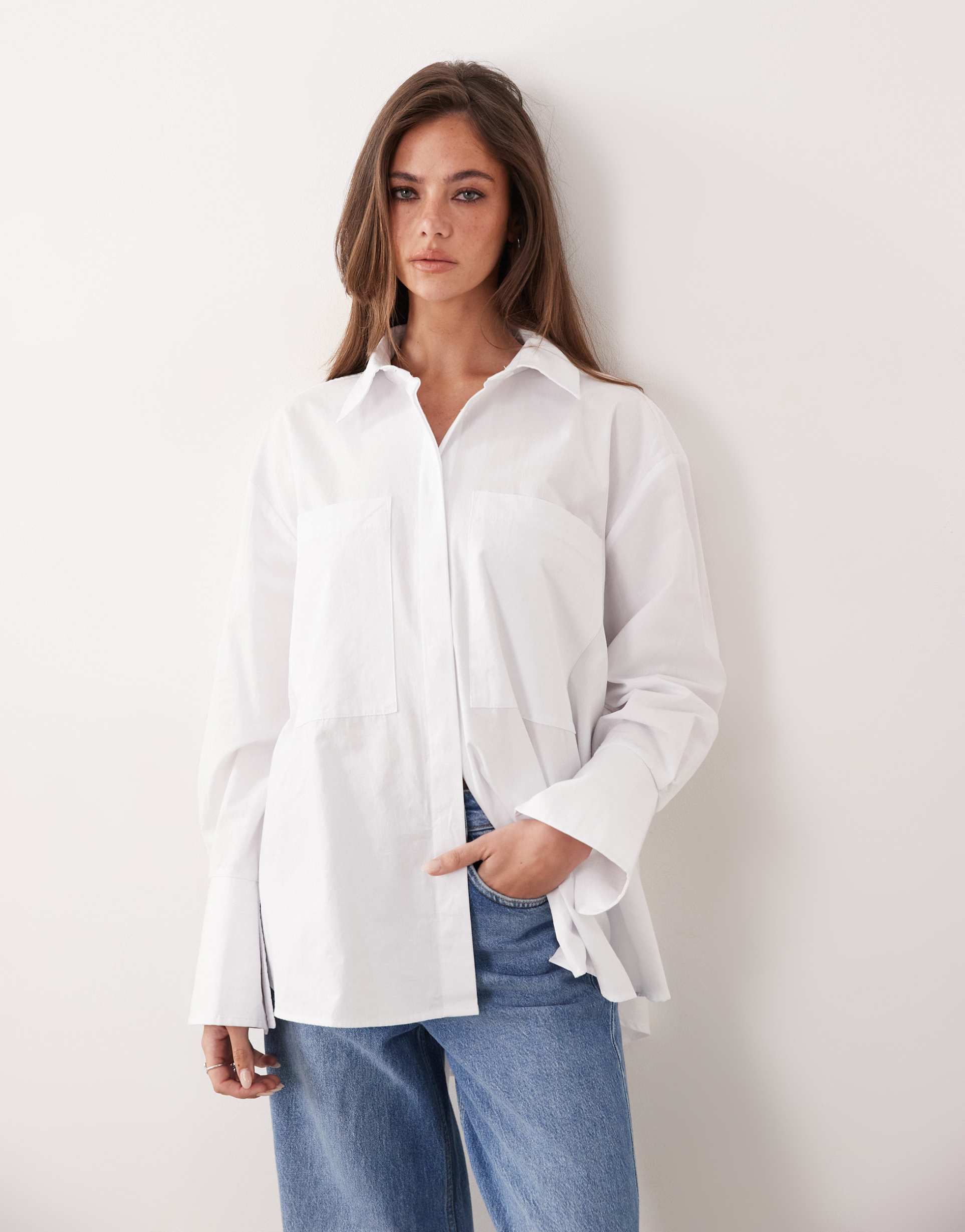 asos design poplin a-line wide sleeve shirt in white