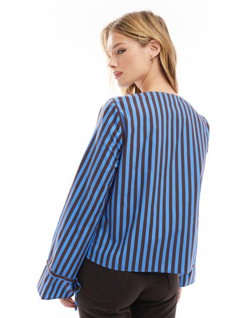 ASOS DESIGN poplin asymmetric placket tie detail blouse in blue stripe