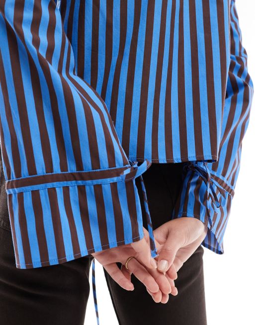 ASOS DESIGN poplin asymmetric placket tie detail blouse in blue stripe