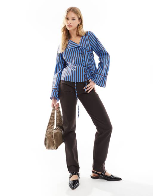 ASOS DESIGN poplin asymmetric placket tie detail blouse in blue stripe