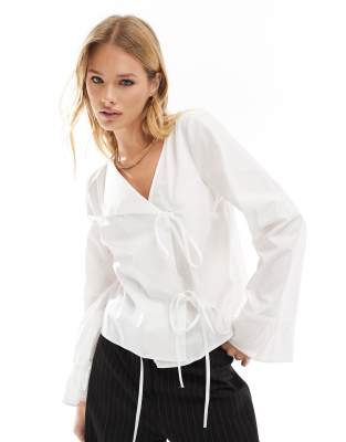 Asos Design Poplin Asymmetric Placket Tie Detail Blouse In White
