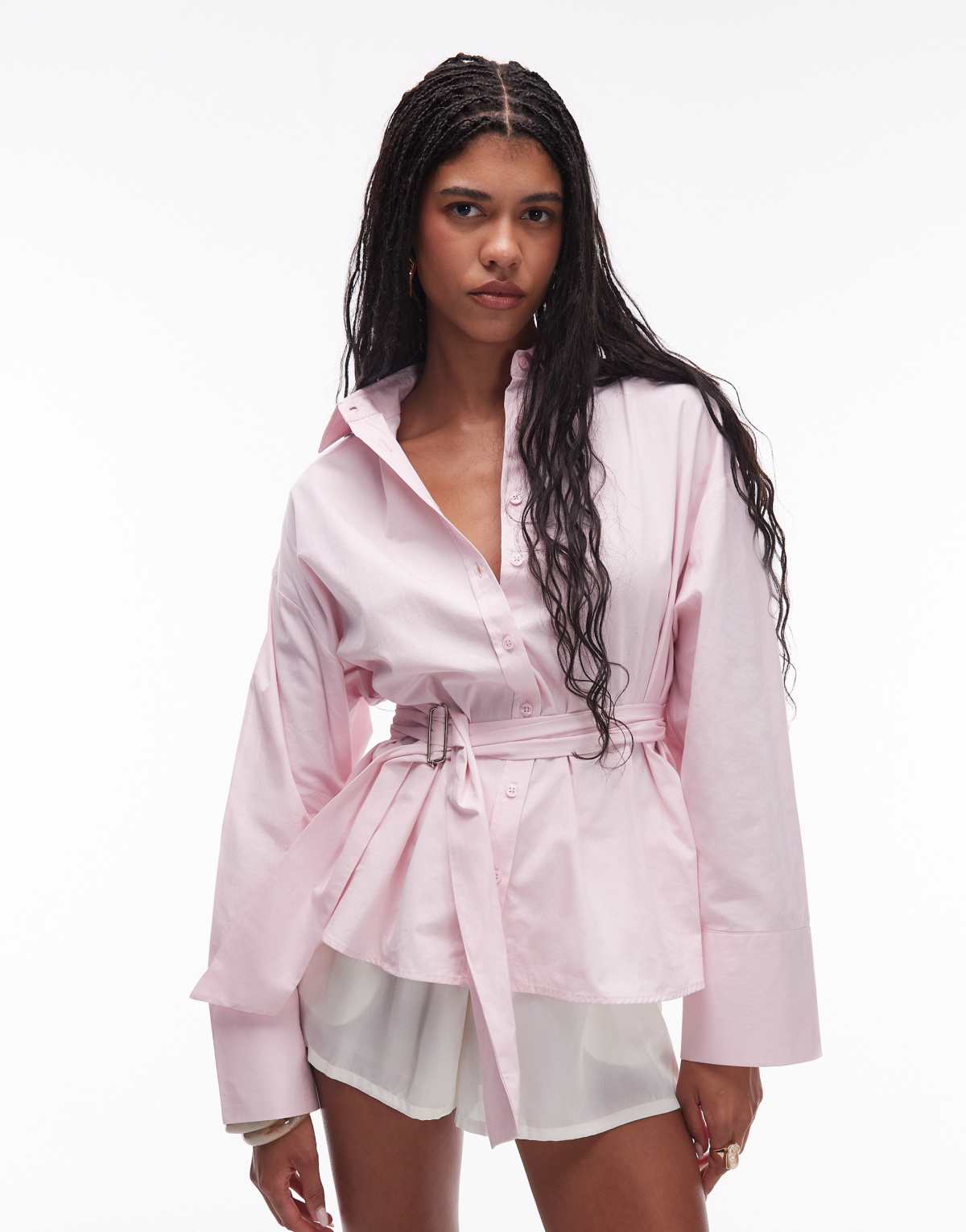 ASOS DESIGN poplin belted cinch shirt in pink