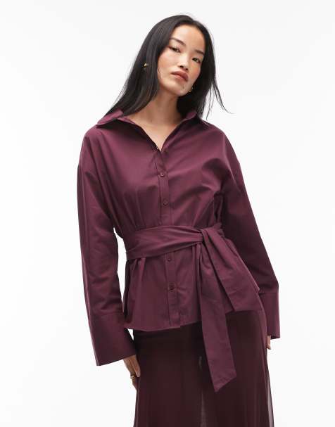 ASOS DESIGN poplin belted cinch shirt in plum - view 1