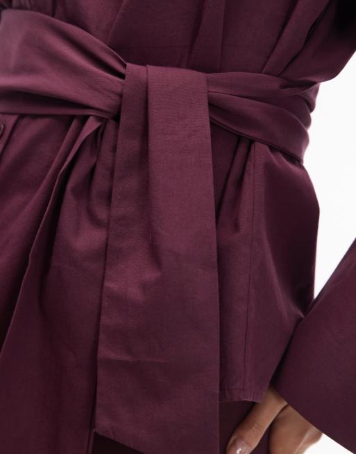 ASOS DESIGN poplin belted cinch shirt in plum, 3 of 4