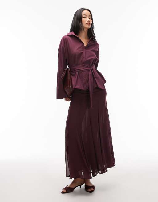 ASOS DESIGN poplin belted cinch shirt in plum, 4 of 4