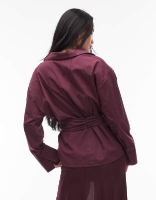 Asos Design Poplin Belted Cinched Shirt In Burgundy