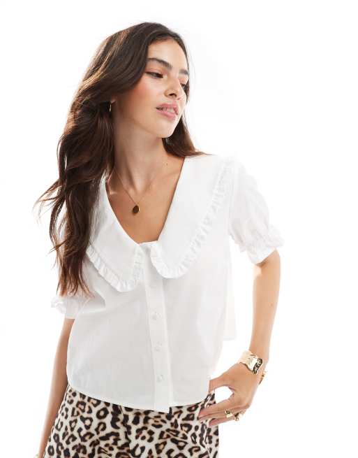 ASOS DESIGN - Poplin blouse met kraagje met ruches in wit