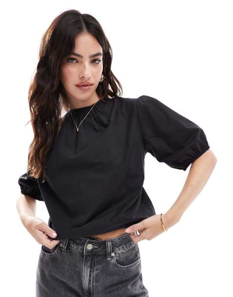 ASOS DESIGN - Poplin blouse met pofmouwen en detail op de rug in zwart - view 1