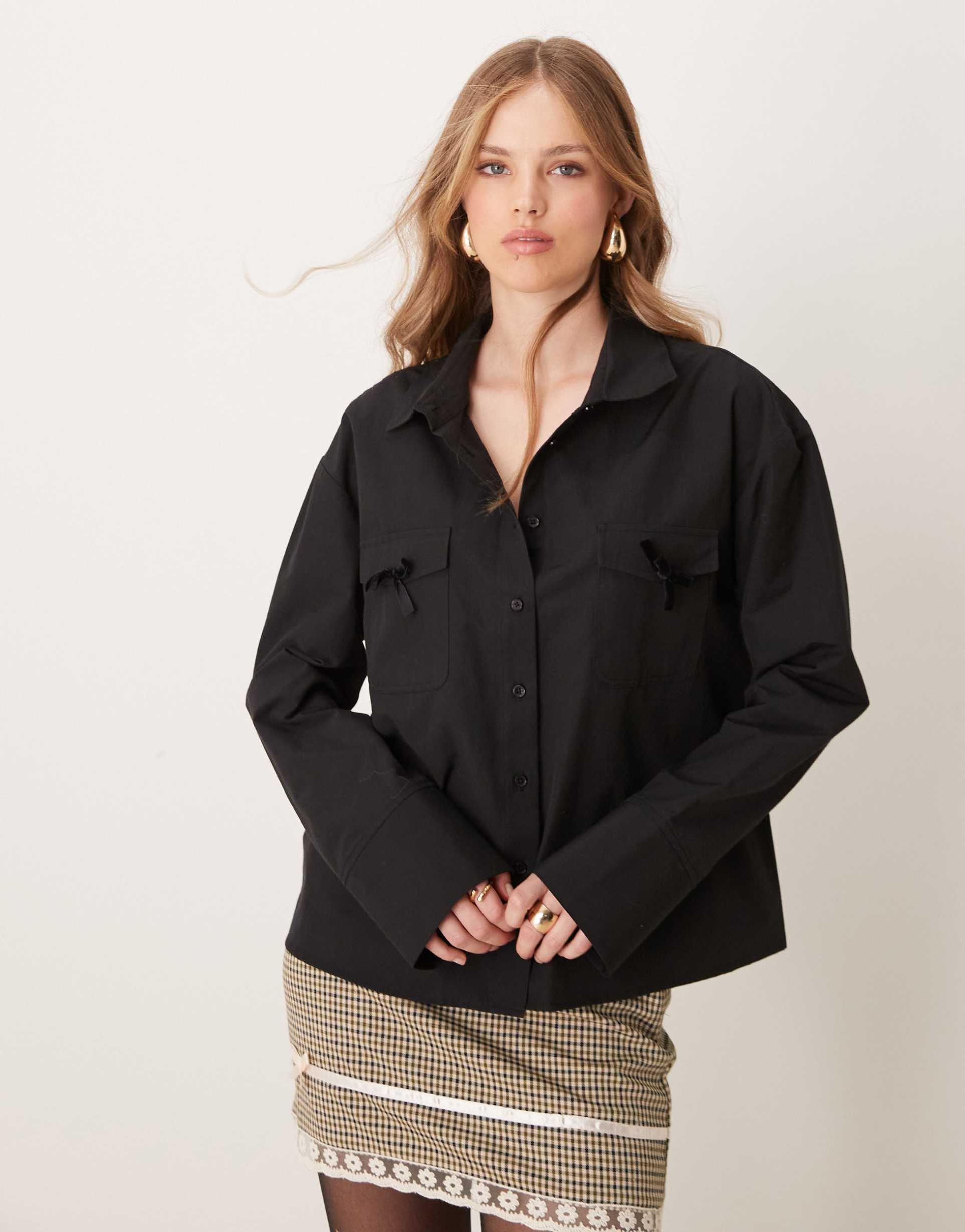 asos design poplin bow pocket detail boxy shirt in black