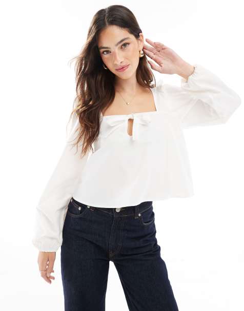 ASOS DESIGN poplin bow tie front blouse in ecru - view 1